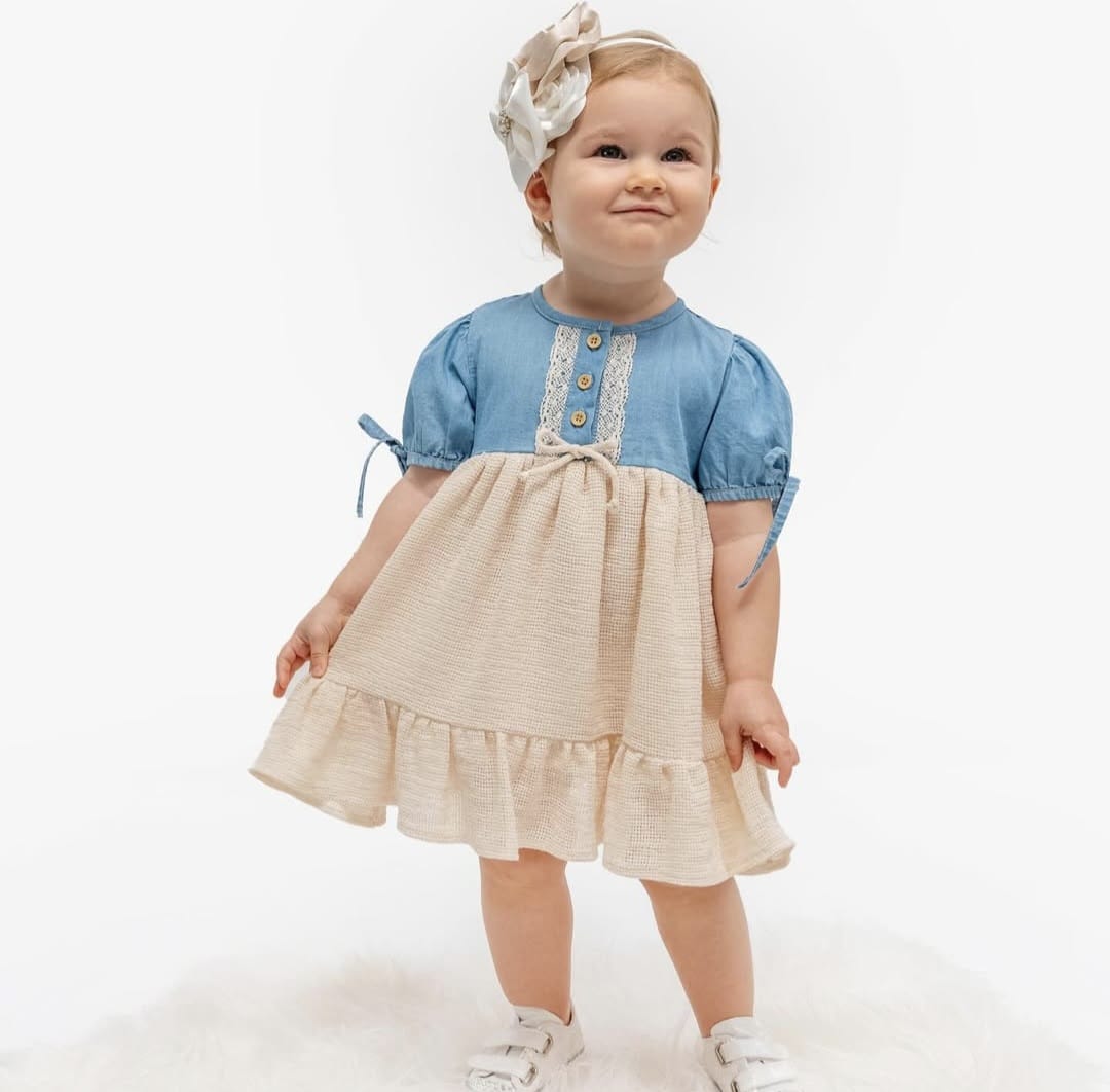 Vestito estivo in denim per neonate | Maniche corte | Stile shabby chic e leggero